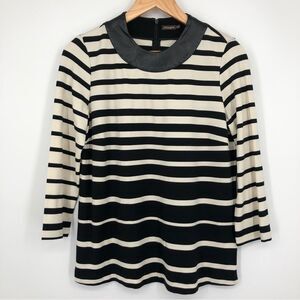 J. McLaughlin Stripe Top Womens‎ M Black White 3/4 Sleeve Zip Back Faux Leather